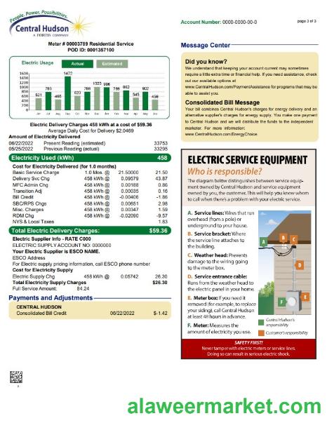 USA New York Central Hudson A fortis company utility bill, Word and PDF template, 3 pages 3